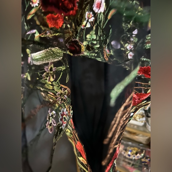 Caroline Rose Garden Walk Embroidered Tunic Sheer 3/4 Sleeves Floral Black Multi - Picture 9 of 10